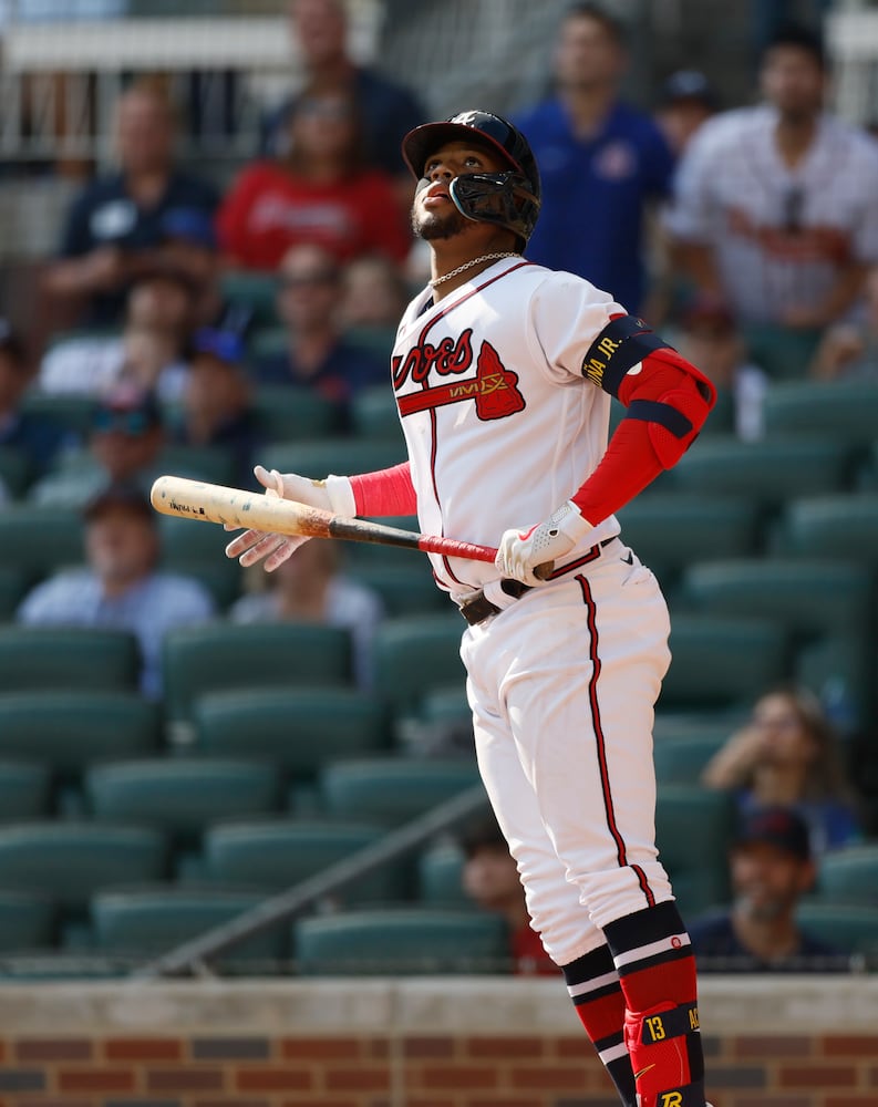 Atlanta Braves' Ronald Acuna Jr. flies out during the sixth inning of game one of the baseball playoff series between the Braves and the Phillies at Truist Park in Atlanta on Tuesday, October 11, 2022. (Jason Getz / Jason.Getz@ajc.com)