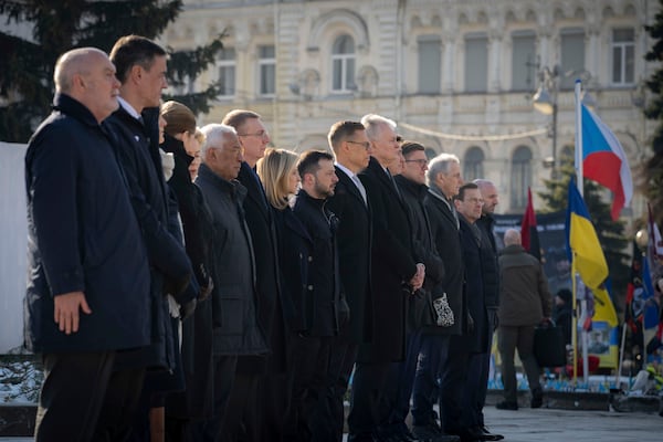 In this photo provided by the Ukrainian Presidential Press Office, European leaders attending the ceremony at the memorial to the fallen Ukrainian soldiers on Independence Square in Kyiv, Ukraine, Monday, Feb. 24, 2025. (Ukrainian Presidential Press Office via AP)