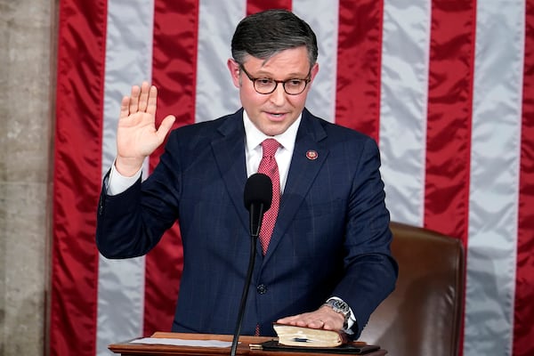 FILE - Rep. Mike Johnson, R-La., takes the oath to be the new House speaker from the Dean of the House Rep. Hal Rogers, R-Ky., at the Capitol in Washington, Wednesday, Oct. 25, 2023. (AP Photo/Alex Brandon, File)