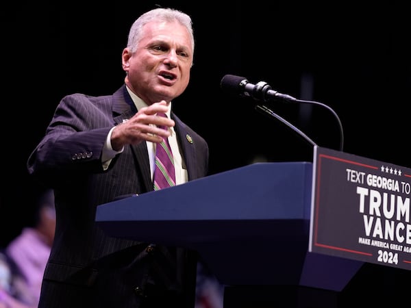 Rep. Buddy Carter, R-Ga., speaks before Republican presidential candidate former President Donald Trump arrives to deliver remarks on the tax code, and manufacturing at the Johnny Mercer Theatre Civic Center, Tuesday, Sept. 24, 2024, in Savannah, Ga.