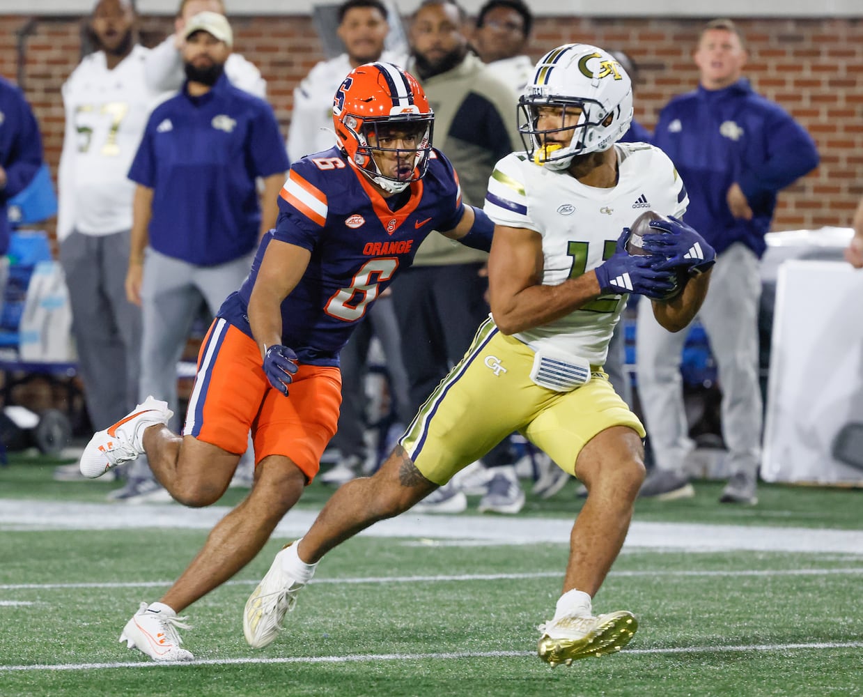 Georgia Tech Yellow Jackets wide receiver Dominick Blaylock (12) runs for a touchdown after a catch during the first half of an NCAA college football game between Georgia Tech and Syracuse in Atlanta on Saturday, Nov. 18, 2023.   (Bob Andres for the Atlanta Journal Constitution)