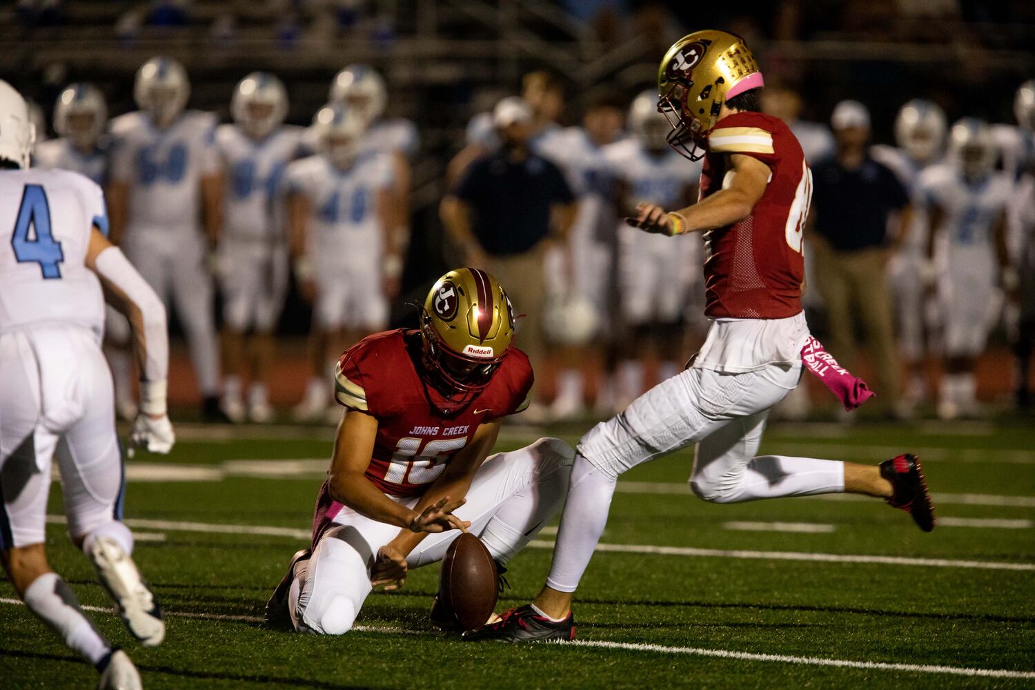 Johns Creek's Mcrae Ball (81) kicks the ball during a GHSA high school football game between Cambridge High School and Johns Creek High School in Johns Creek, Ga. on Friday, October 15, 2021. (Photo/Jenn Finch)