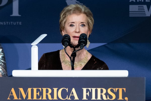 Linda McMahon speaks during an America First Policy Institute gala at his Mar-a-Lago estate, Thursday, Nov. 14, 2024, in Palm Beach, Fla. (AP Photo/Alex Brandon)