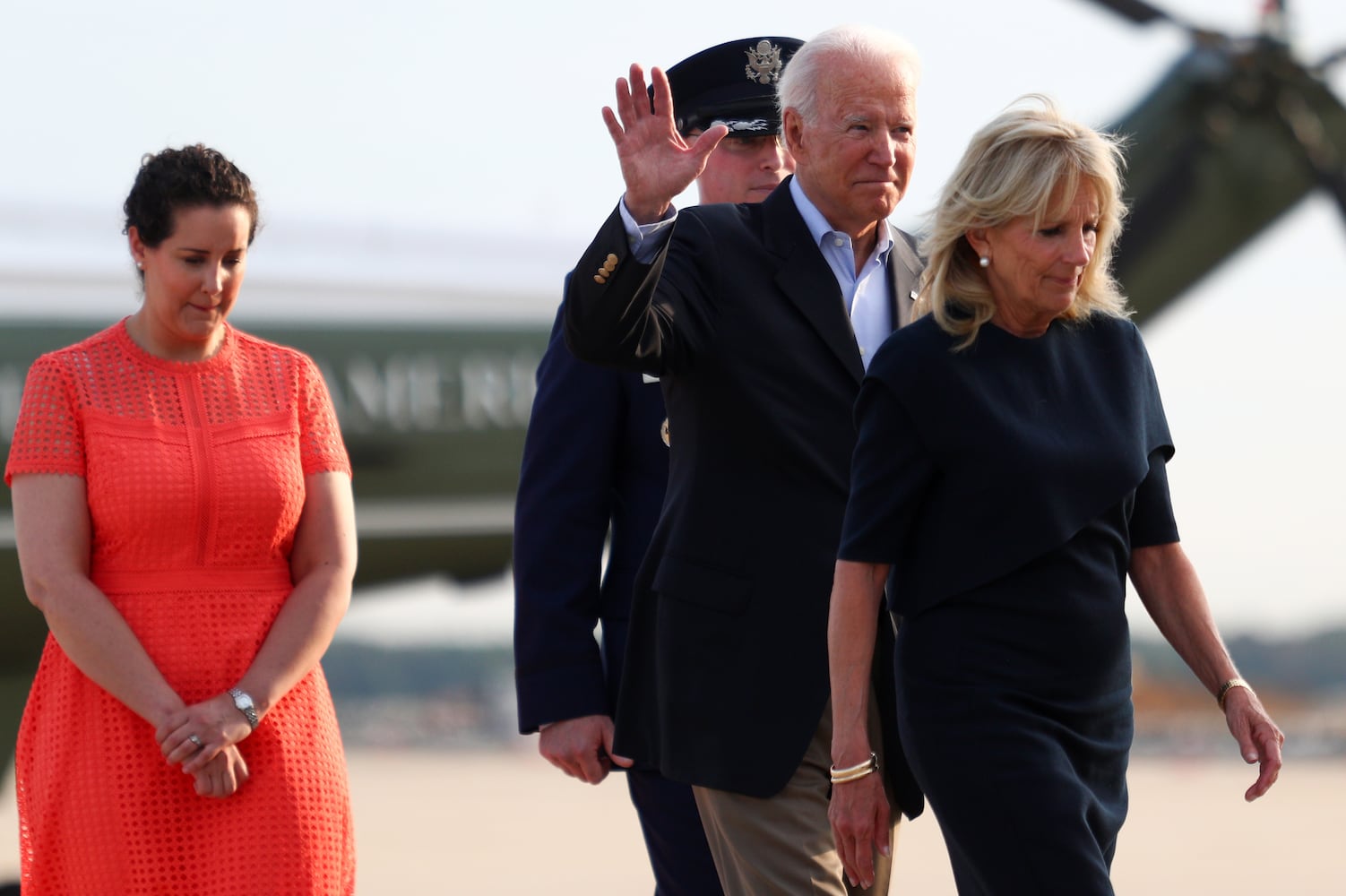 President Joe Biden and first lady Jill Biden walk to Air Force One at Joint Base Andrews in Maryland on Thursday, July 1, 2021, as they travel to Surfside, Fla., where they are scheduled to meet with first responders and family members of victims of the partially collapsed Champlain Towers South condo building. (Tom Brenner/The New York Times)