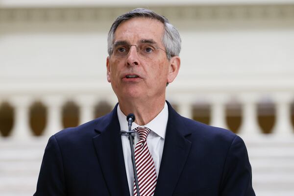 Secretary of State Brad Raffensperger holds a press conference about a new elder protection bill that will target senior citizen financial exploitation at the Georgia State Capitol on Monday, February 6, 2023.  (Natrice Miller/natrice.miller@ajc.com) 