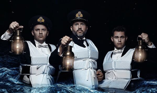 Chris Saltalamacchio (from left), Eric McNaughton and Brian Jordan co-star in the musical “Titanic” at Serenbe Playhouse. PHOTO CREDIT: BreeAnne Clowdus