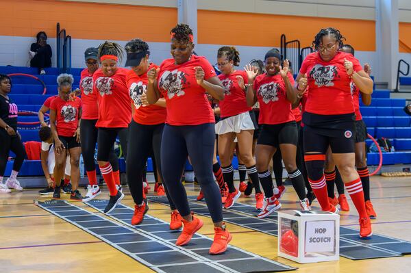 40-Plus double dutch group in Forest Park, GA, plays African hop scotch during their anniversary event on Saturday, October 7, 2023. (Jamie Spaar for the Atlanta Journal Constitution)