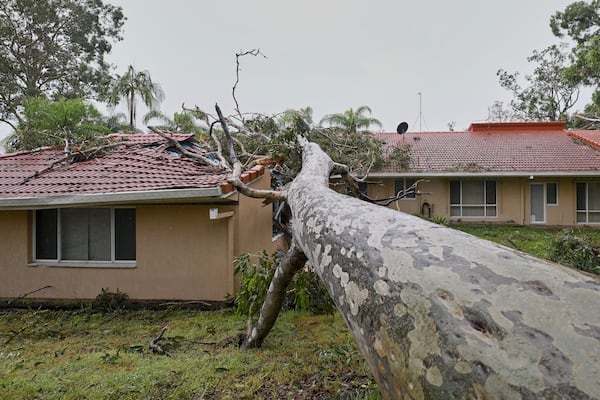 A fallen tree lies on a damaged house in Gold Coast, Australia, Friday, March 7, 2025. (Dave Hunt/AAP Image via AP)