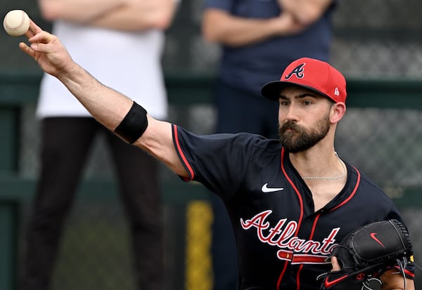  Braves pitcher Spencer Strider throws during a spring training workout.