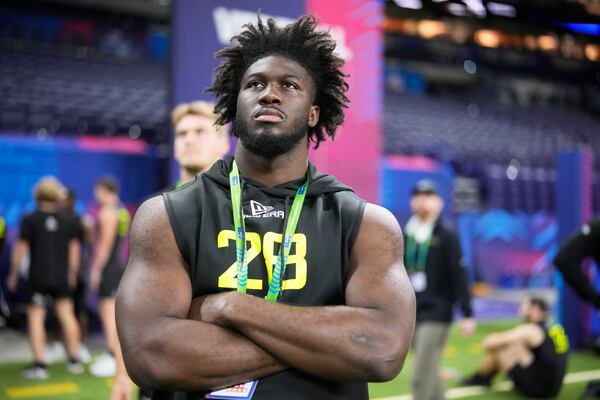 Georgia linebacker Jalon Walker waits before a drill at the NFL football scouting combine in Indianapolis, Thursday, Feb. 27, 2025. (AP Photo/George Walker IV)