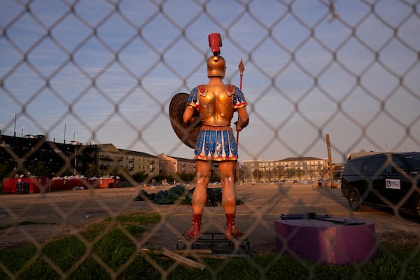 Floats are stored in a lot before the Mardi Gras Day parade on Tuesday, March 4, 2025 in New Orleans. (AP Photo/Gerald Herbert)