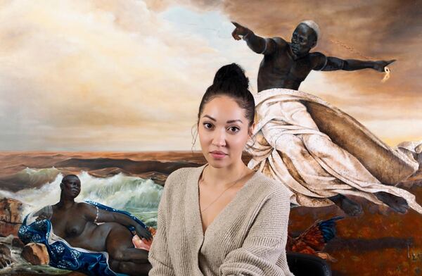 Los Angeles-based artist Harmonia Rosales is featured in a solo exhibition "Harmonia Rosales: Master Narrative" at the Spelman College Museum of Fine Art