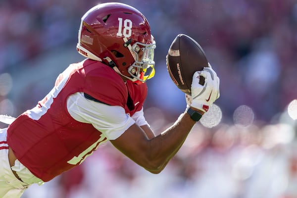 Alabama wide receiver Caleb Odom (18) has the ball in his hands but cannot come down with the catch in the end zone during the first half of an NCAA college football game against Mercer, Saturday, Nov. 16, 2024, in Tuscaloosa, Ala. (AP Photo/Vasha Hunt)