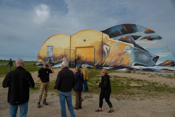 Tourists stand outside the Polar Bear Holding Facility, Sunday, Aug. 4, 2024, in Churchill, Manitoba. (AP Photo/Joshua A. Bickel)