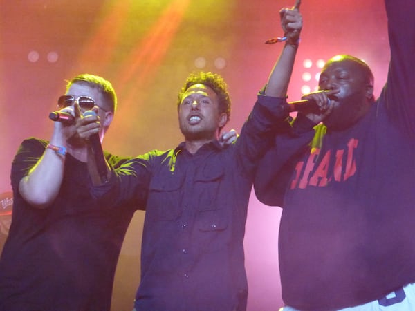 Run the Jewels with Zack de la Rocha, center, at Coachella 2015.