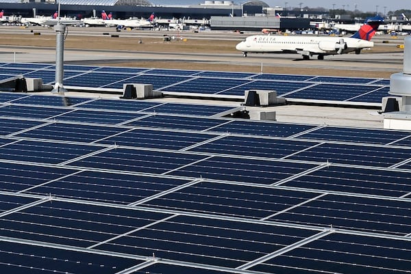 Newly operational solar panels are seen on the roof of Fire Station #40 at Hartsfield-Jackson Atlanta International Airport Tuesday, Jan. 7, 2025 in Atlanta. (Daniel Varnado/ For the AJC)