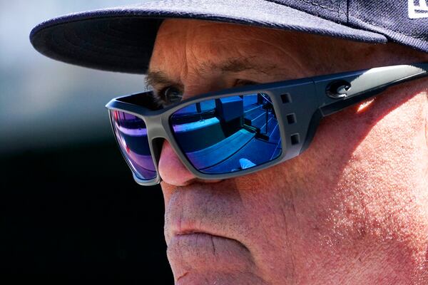 Atlanta Braves manager Brian Snitker watches before a baseball game against the Chicago Cubs in Chicago, Saturday, June 18, 2022. (AP Photo/Nam Y. Huh)