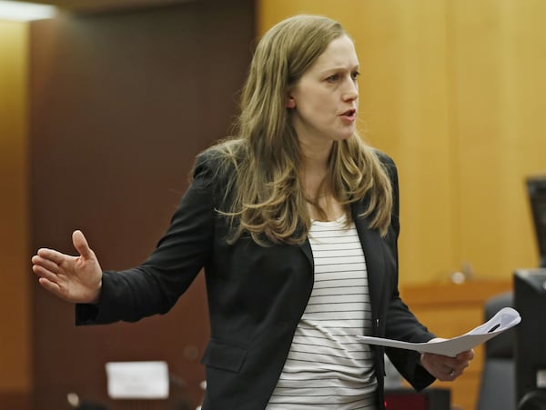 Senior Assistant Attorney General Blair McGowan delivers her closing argument Thursday, Dec. 19, 2019. Proceedings concluded in the first-ever criminal prosecution of alleged violations of the Georgia Open Records Act. Jenna Garland, a former press secretary to ex-Atlanta Mayor Kasim Reed, was found guilty on two counts, ordering a subordinate to delay the release of water billing records requested by Channel 2 Action News that were politically damaging to Reed and other city elected officials. BOB ANDRES / BANDRES@AJC.COM