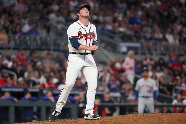 Atlanta Braves starting pitcher Bryce Elder reacts after giving up a two-run home run to New York Mets’ Francisco Lindor (not pictured) during the third inning at Truist Park, Tuesday, June 6, 2023, in Atlanta.  (Jason Getz / Jason.Getz@ajc.com)