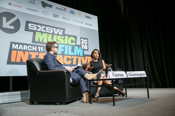 InStyle Editor Ariel Foxman, left, and actress Kerry Washington speak during South By Southwest at the Austin Convention Center on Sunday, March 13, 2016, in Austin, Texas. (Photo by Rich Fury/Invision/AP)