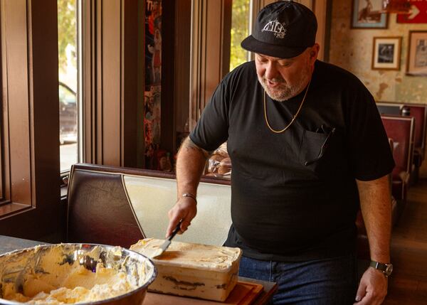 Gene's co-owner Matt Christensen makes Biscoff Banana Pud-Pud. The recipe is inspired by Christensen's grandmother's recipe. (Aaliyah Man for The Atlanta Journal-Constitution)