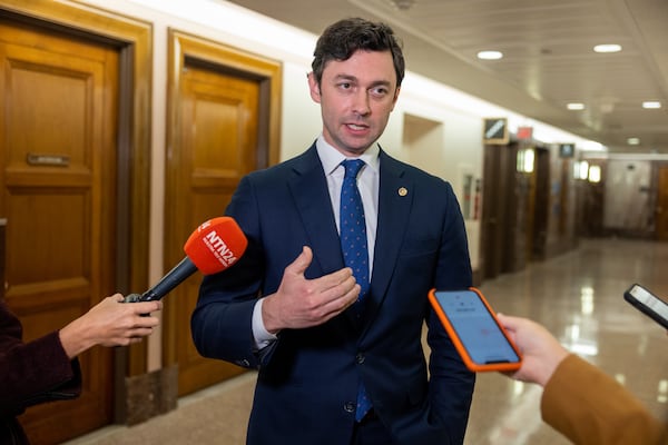 U.S. Sen. Jon Ossoff, D-Ga., holds a news conference after a recent hearing of the Permanent Subcommittee on Investigations. (Nathan Posner for the Atlanta Journal Constitution)