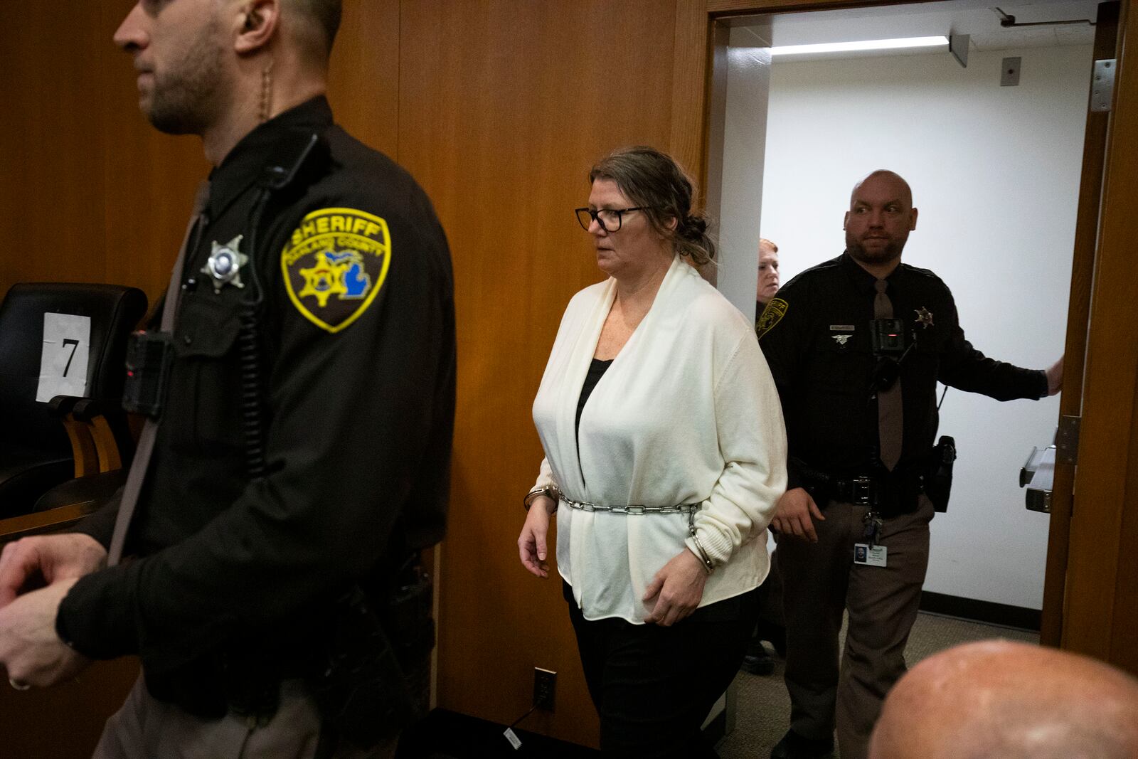 Jennifer Crumbley, the mother of Oxford school shooter Ethan Crumbley, enters a court room at Oakland County Circuit Court before jury deliberations begin in her trial on four counts of involuntary manslaughter on Feb. 5, 2024, in Pontiac, Michigan. (Bill Pugliano/Getty Images/TNS)