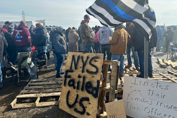 Correctional officers and their supporters demonstrate in sight of Coxsackie Correctional Facility in the Hudson Valley., Monday, Feb. 24, 2025, in Coxsackie, N.Y. (AP Photo/Michael Hill)