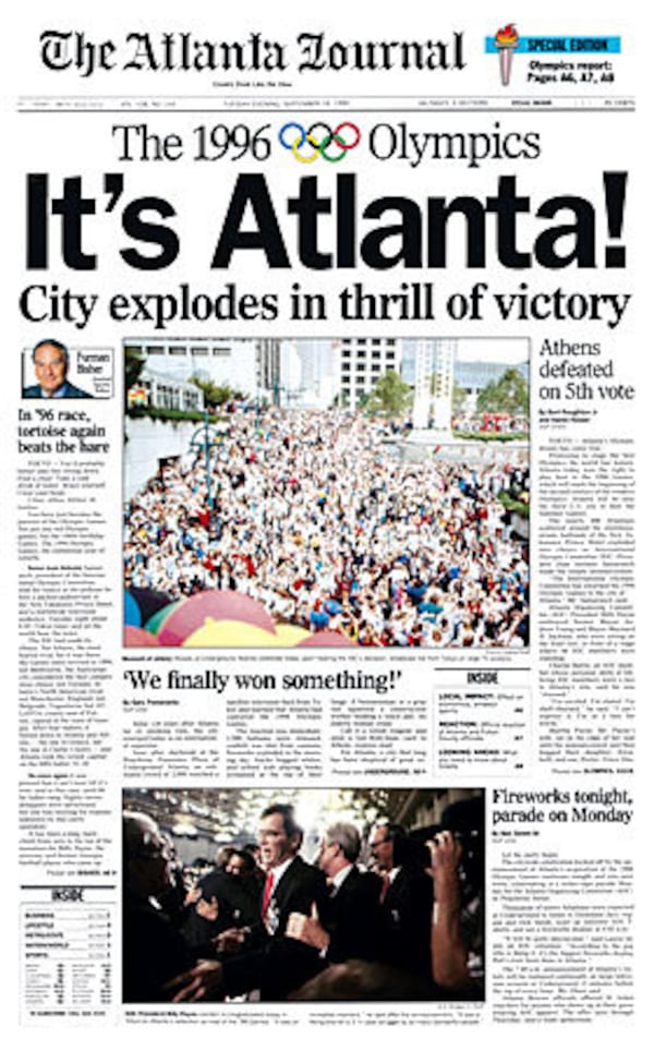 Prior to 1990, Atlanta was pretty much Loserville, USA, writes Terrence Moore. That changed when the Olympic Committee awarded the 1996 Olympic Games to the city of Atlanta. The front page of the Sept. 18, 1990 edition of the Atlanta Journal.