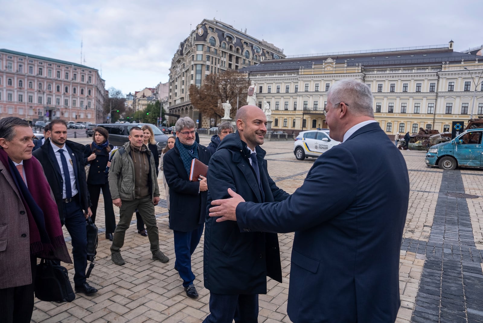 French Foreign Minister Jean-Noel Barrot shake hand with Ukrainian Minister of Foreign Affairs Andrii Sybiha in central Kyiv, Ukraine, Saturday, Oct. 19, 2024. (AP Photo/Alex Babenko)