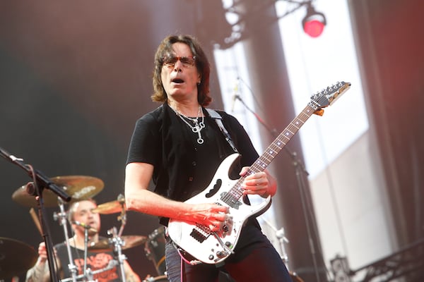 Steve Vai performs with Sepultura at Rock in Rio USA at the MGM Resorts Festival Grounds on Saturday, May 9, 2015, in Las Vegas. (Photo by John Davisson/Invision/AP)