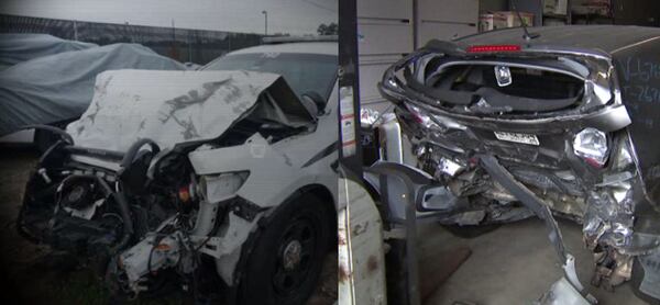 These are photos of the the damaged patrol car (left) and Sarah Wood's crunched Kia Sorento.