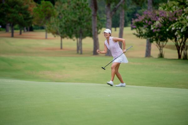 Sara Im of Duluth won the 2024 Georgia Women's Amateur Championship at the Country Club of Columbus, June 30, 2024. She reacts after making the winning 20-footer on the final hole. 