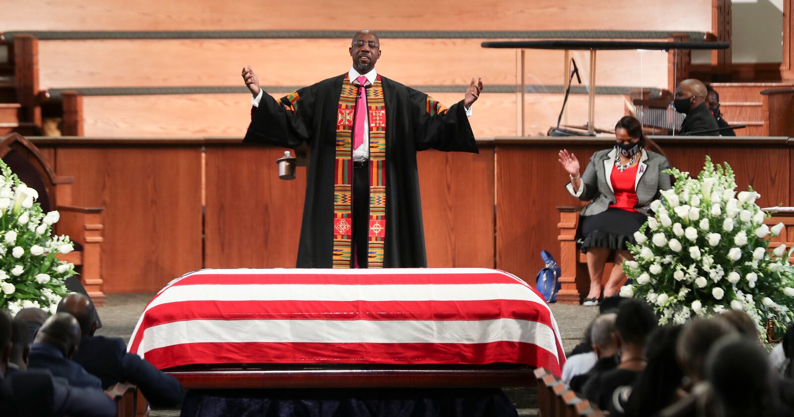 7/30/20 - Atlanta, GA -  Rev. Dr. Raphael Warnock offers a benediction to close the service.   On the sixth day of the “Celebration of Life” for Rep. John Lewis, his funeral is  held at Ebenezer Baptist Church in Atlanta, with burial to follow.   Alyssa Pointer / alyssa.pointer@ajc.com