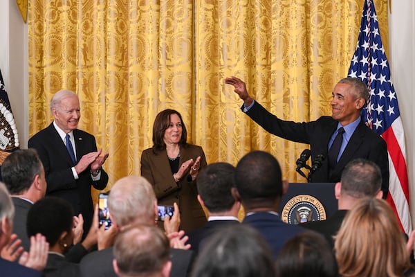 Former President Barack Obama (right) announced his support for Vice President Kamala Harris (center) today. President Joe Biden (left) dropped his reelection bid on Sunday.