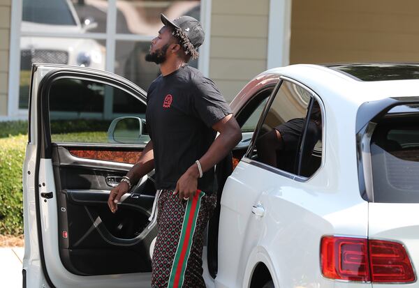 Falcons linebacker Dante Fowler arrives in a Bentley for player check in at training camp on report day Tuesday, July 27, 2021, at the team practice facility in Flowery Branch. (Curtis Compton / Curtis.Compton@ajc.com)