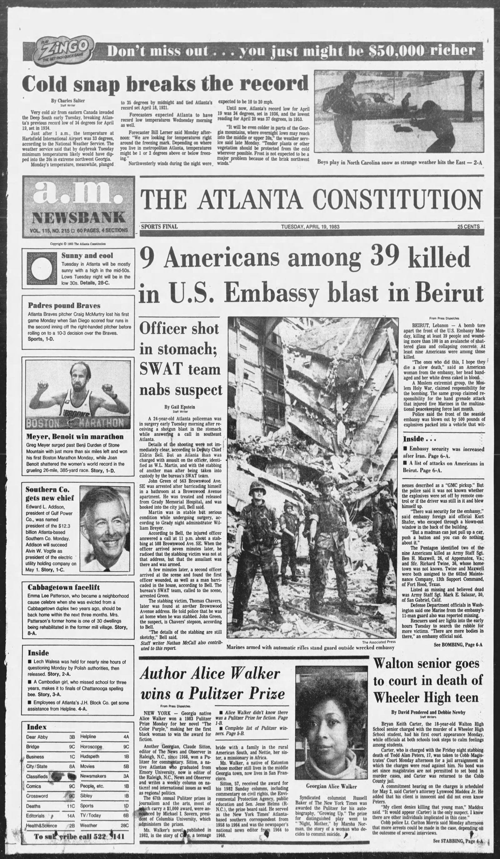 The Atlanta Constitution front page April 19, 1983.