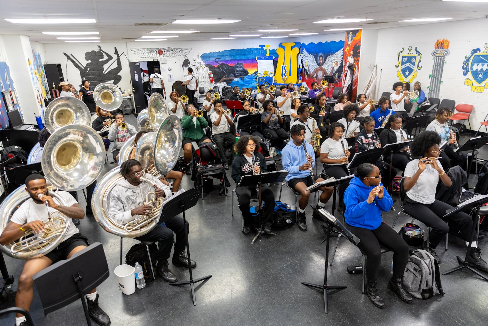 The Clark Atlanta University marching band practices at Panther Stadium at Clark Atlanta University in Atlanta on Thursday, October 10, 2024. (Arvin Temkar / AJC)