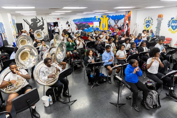 The Clark Atlanta University marching band practices at Panther Stadium at Clark Atlanta University in Atlanta on Thursday, October 10, 2024. (Arvin Temkar / AJC)