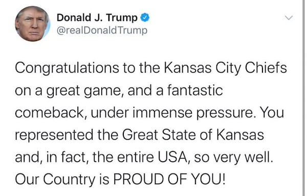 President Donald Trump fumbled his Twitter tribute to the Chiefs after the team’s Super Bowl victory Sunday night. He congratulated the wrong state. The president’s tweet was quickly deleted and later replaced with a new message.