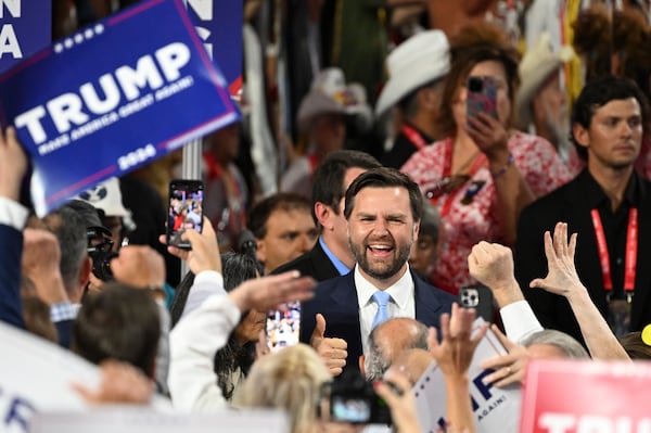 U.S. Sen. JD Vance, R-Ohio, takes the floor during the first day of the Republican National Convention at the Fiserv Forum in Milwaukee. Former President Donald Trump chose Vance to be his running mate in this year's presidential election, wagering that the young senator will bring fresh energy to the GOP ticket and ensure that the movement Trump began nearly a decade ago can live on after him. (Kenny Holston/The New York Times)
                      