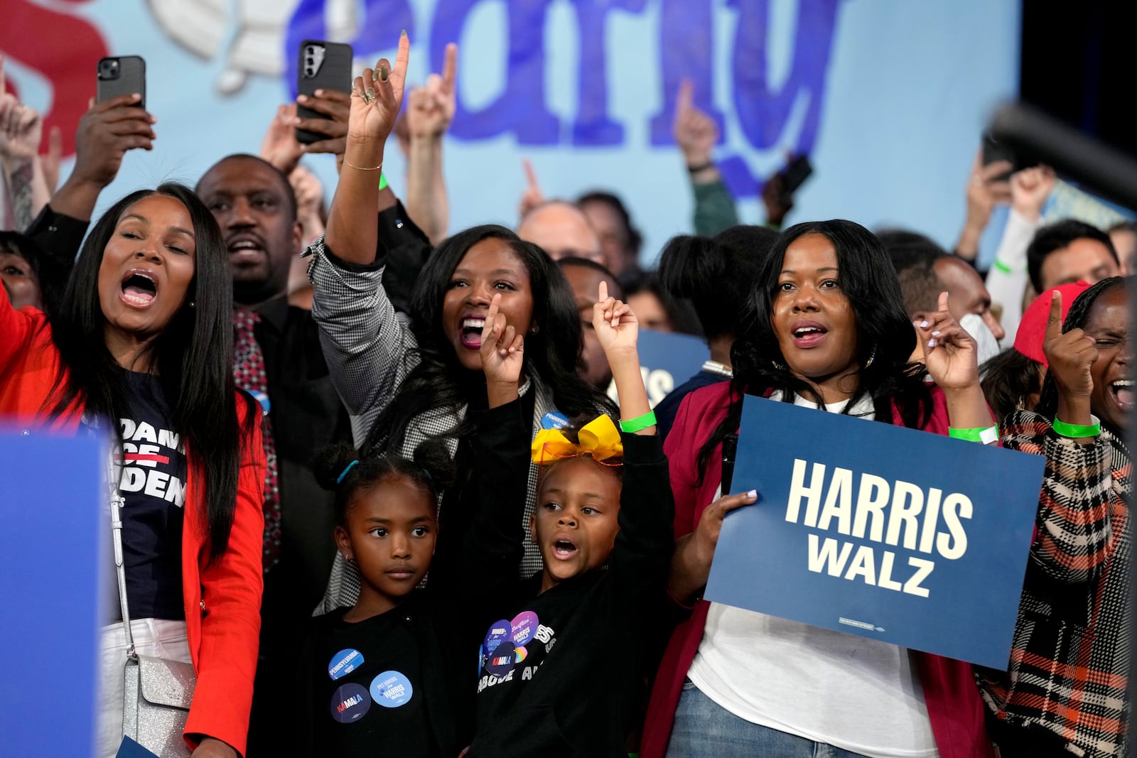 Supporters cheer as Philadelphia Mayor Cherelle Parker speaks during a community rally with Democratic presidential nominee Vice President Kamala Harris at the Alan Horwitz "Sixth Man" Center, Sunday, Oct. 27, 2024, in Philadelphia. (AP Photo/Susan Walsh)