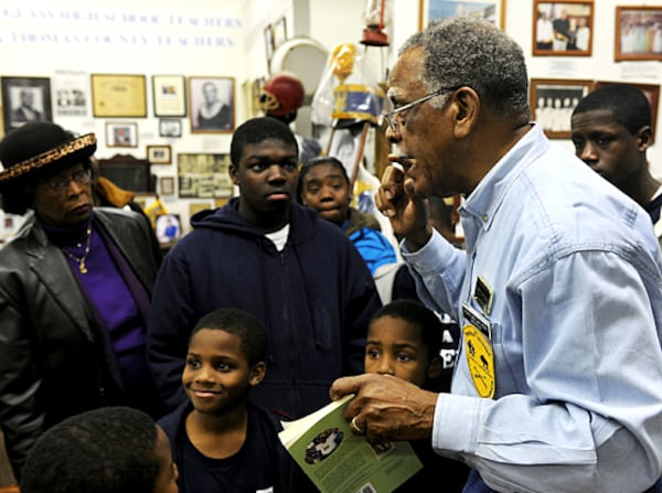 Retired Chief Master Sgt. James "Jack" Hadley giving local students a history lesson about local and national black achievers from Thomasville, Georgia.