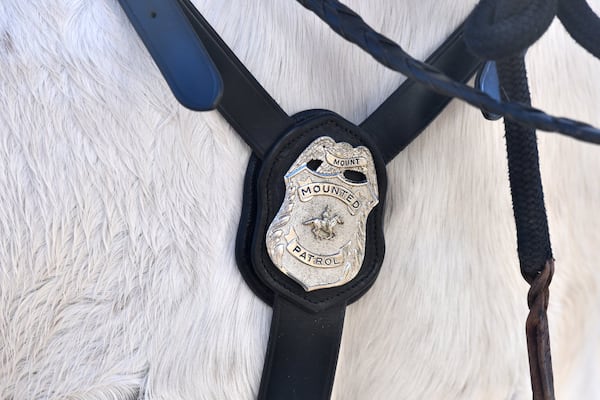 Patrol horse Hercules wears a badge as required under the official dress code of the Atlanta Police Department’s mounted patrol unit, which is part of the Special Operations Section. (Hyosub Shin / Hyosub.Shin@ajc.com)