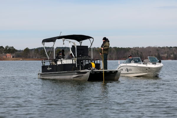 Officials with the Game Warden use sonar to search for Gary Jones on Lake Oconee, Tuesday, February, 18, 2025, in Eatonton, Ga. The Putnam County sheriff is investigating and searching after Spelman College instructor Joycelyn Nicole Wilson and an Atlanta private school coach Gary Jones went missing on Lake Oconee over a week ago, Saturday Feb. 8th. The body of Wilson was found Sunday, Feb. 9th and Jones has not been found. (Jason Getz / AJC)