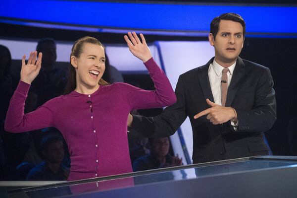 Atlanta native Jessica Sams, left, stands next to “Idiotest” host Ben Gleib, right, during an individual test portion in her appearance on the show. The episode will air March 23 at 10 p.m. 