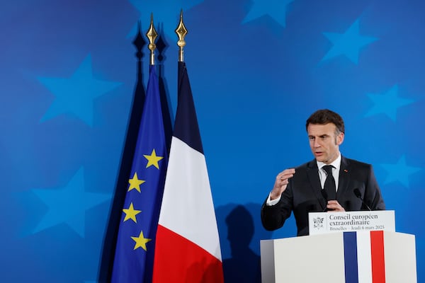 French President Emmanuel Macron speaks during a media conference at an EU Summit in Brussels, Thursday, March 6, 2025. (AP Photo/Omar Havana)