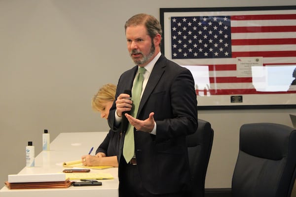 Attorney Chuck Boring argues before the Cobb County Board of Elections that his client, commission candidate Alicia Adams, should not be disqualified because of the ongoing dispute over the county district map on Friday, March 15, 2024 in Marietta. (Taylor Croft/taylor.croft@ajc.com)