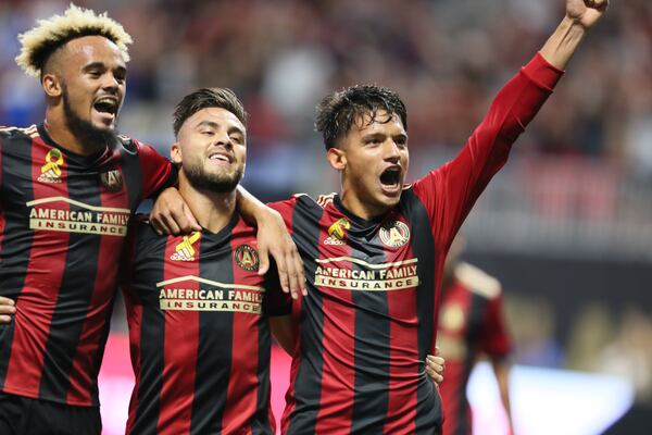 September 20, 2017 Atlanta: Atlanta United players Anton Walkes and Hector Villalba joins Yamil Azad (rigth) after he scored the second goal of the team during the first half against the LA Galaxy