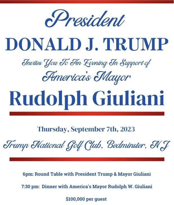 Former President Donald Trump will host a $100,000-a-plate on Sept. 7 fundraiser for the criminal defense fund of his co-defendant, former New York Mayor Rudy Giuliani.